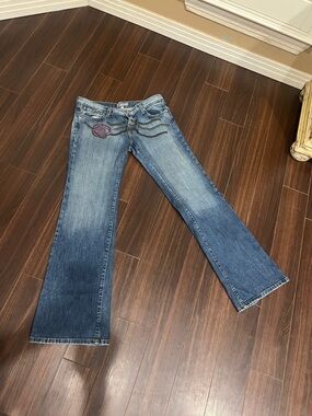 Kippys Blue Flare Jeans with Rhinestone Pocket Accent